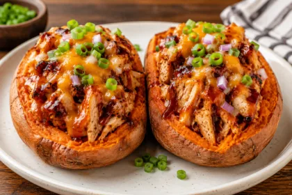Front view of two BBQ chicken stuffed sweet potatoes topped with melted cheese, barbecue sauce, and green onions.