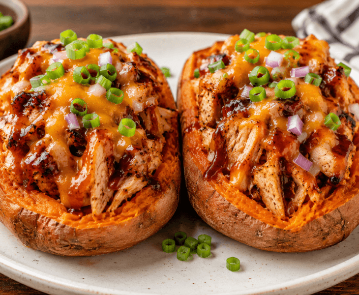 Front view of two BBQ chicken stuffed sweet potatoes topped with melted cheese, barbecue sauce, and green onions.
