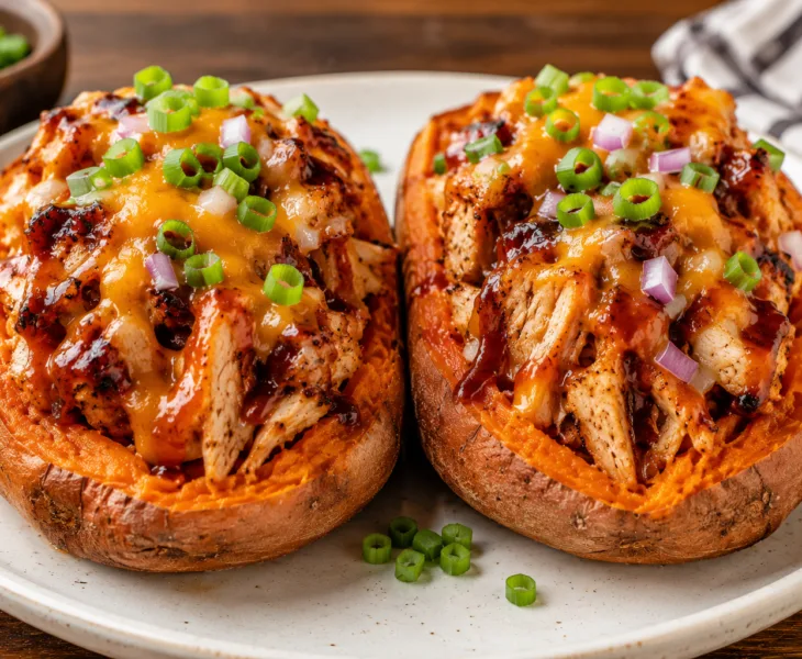 Front view of two BBQ chicken stuffed sweet potatoes topped with melted cheese, barbecue sauce, and green onions.