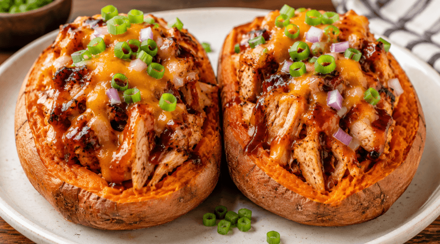 Front view of two BBQ chicken stuffed sweet potatoes topped with melted cheese, barbecue sauce, and green onions.