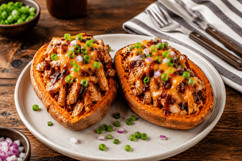Zoomed-out plated view of BBQ chicken stuffed sweet potatoes with toppings on a rustic wooden table.