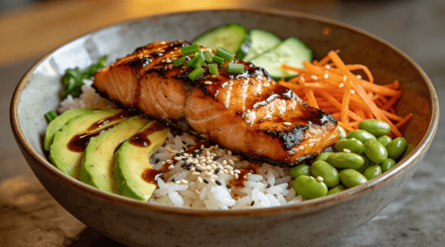 Front view of teriyaki salmon rice bowl with avocado, edamame, carrots, cucumber, and sesame seeds over jasmine rice.