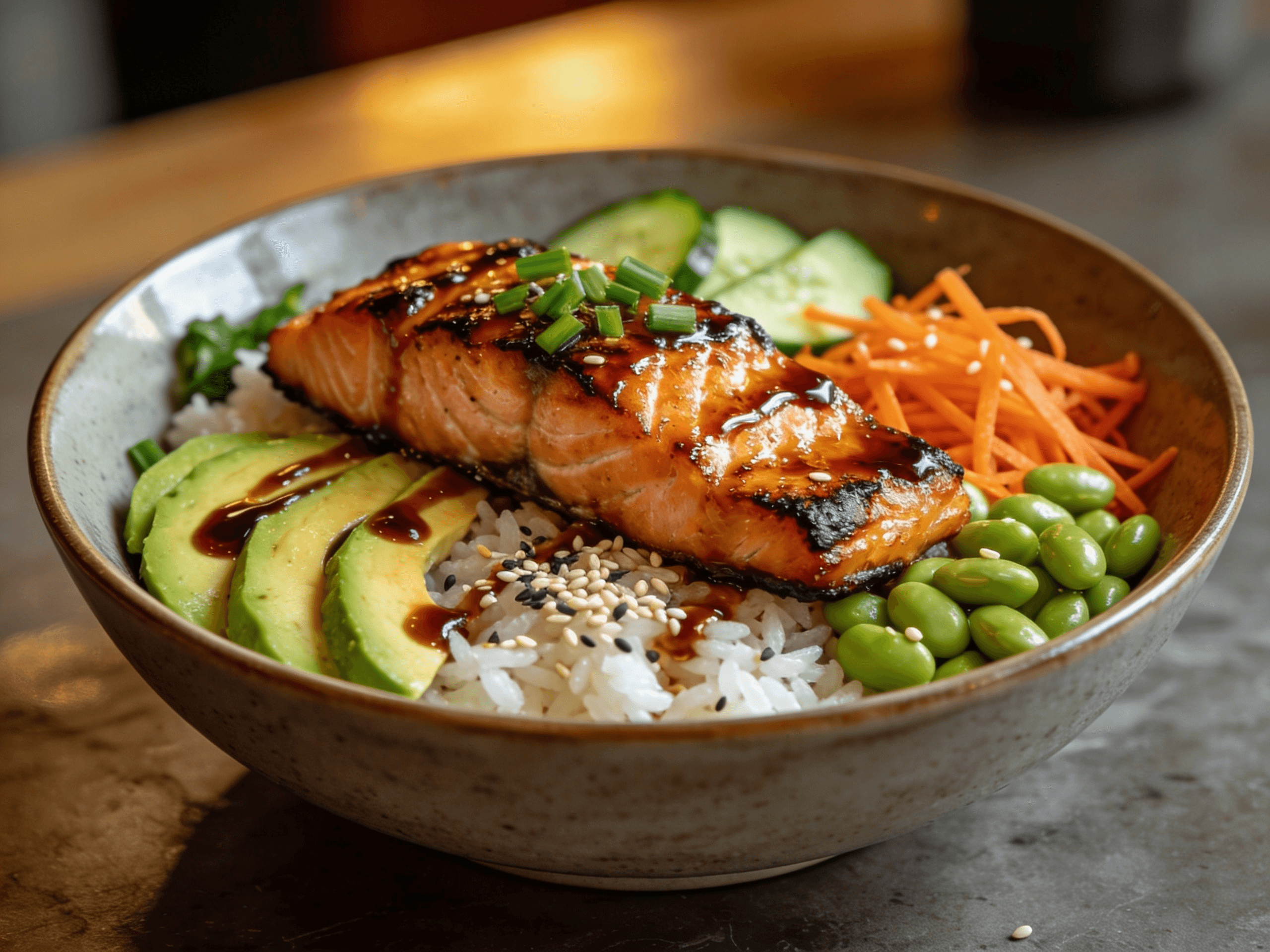 Front view of teriyaki salmon rice bowl with avocado, edamame, carrots, cucumber, and sesame seeds over jasmine rice.