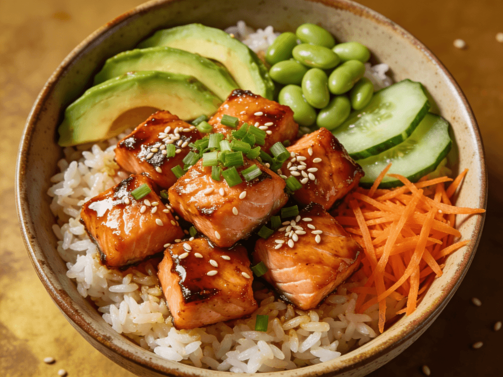 Top view of teriyaki salmon rice bowl with avocado, cucumber, edamame, carrots, sesame seeds, and green onions.