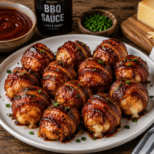 Zoomed-out view of bacon-wrapped BBQ chicken bombs on a rustic table with barbecue sauce, herbs, and serving ingredients.