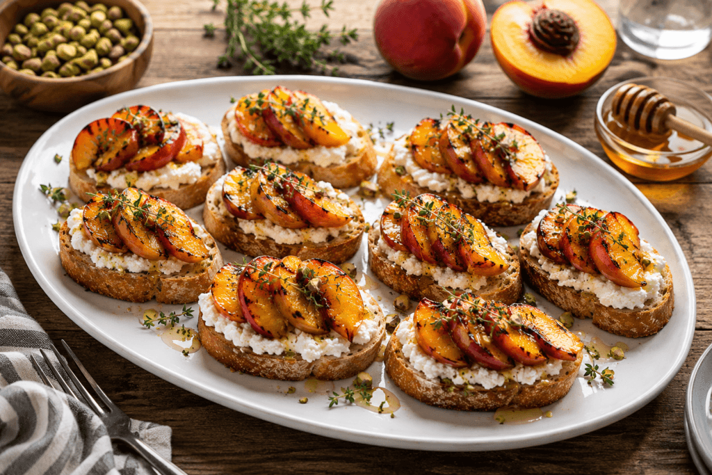 Zoomed-out platter of grilled peach crostini with goat cheese, honey drizzle, fresh thyme, and toasted bread served on a rustic table.