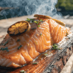 Close-up cedar plank grilled salmon with garlic butter glaze, charred lemon slices, flaky texture, and smoky BBQ grill background.