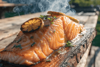Close-up cedar plank grilled salmon with garlic butter glaze, charred lemon slices, flaky texture, and smoky BBQ grill background.