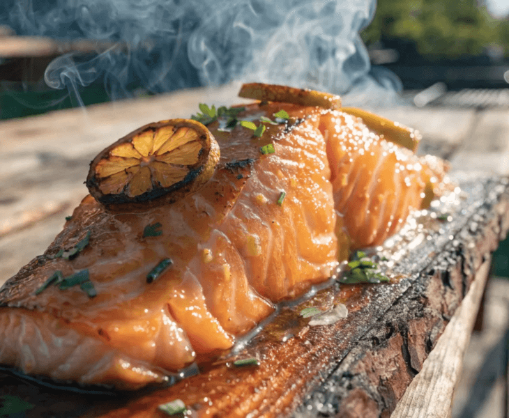 Close-up cedar plank grilled salmon with garlic butter glaze, charred lemon slices, flaky texture, and smoky BBQ grill background.