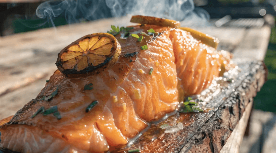 Close-up cedar plank grilled salmon with garlic butter glaze, charred lemon slices, flaky texture, and smoky BBQ grill background.