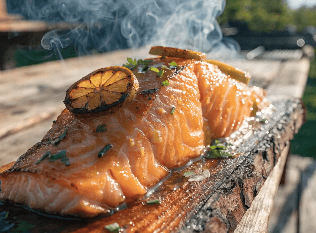 Close-up cedar plank grilled salmon with garlic butter glaze, charred lemon slices, flaky texture, and smoky BBQ grill background.
