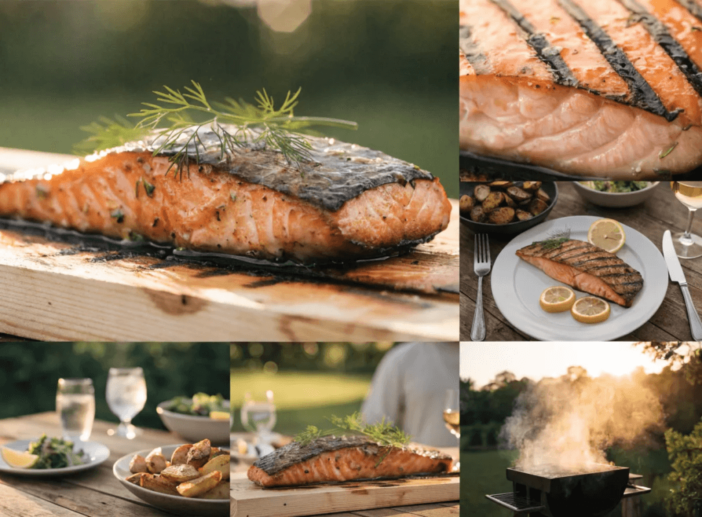 Collage of cedar plank grilled salmon featuring close-up flaky salmon, plated BBQ salmon, smoky grill scene, and backyard dining table.