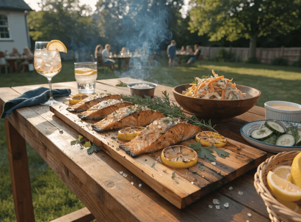 Zoomed-out backyard BBQ table with cedar plank grilled salmon, summer side dishes, drinks, and rustic outdoor dining setup.