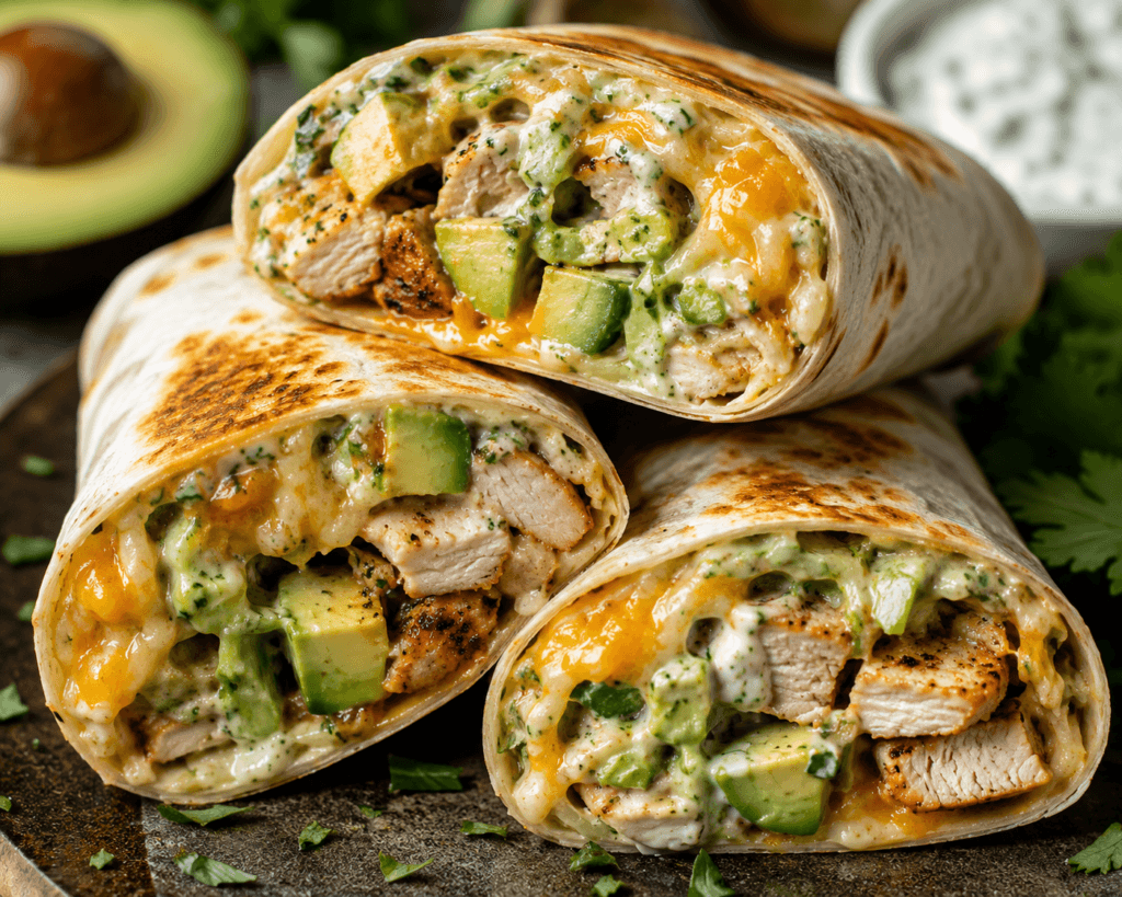 Chicken Avocado Ranch Burritos sliced open with grilled chicken, avocado chunks, melted cheese, and creamy ranch filling inside toasted tortillas for a high-protein lunch wrap.
