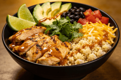 Front view of a high-protein chicken enchilada bowl with grilled chicken, cauliflower rice, avocado, black beans, and enchilada sauce