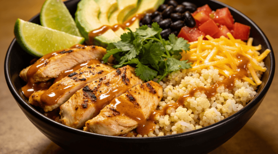 Front view of a high-protein chicken enchilada bowl with grilled chicken, cauliflower rice, avocado, black beans, and enchilada sauce