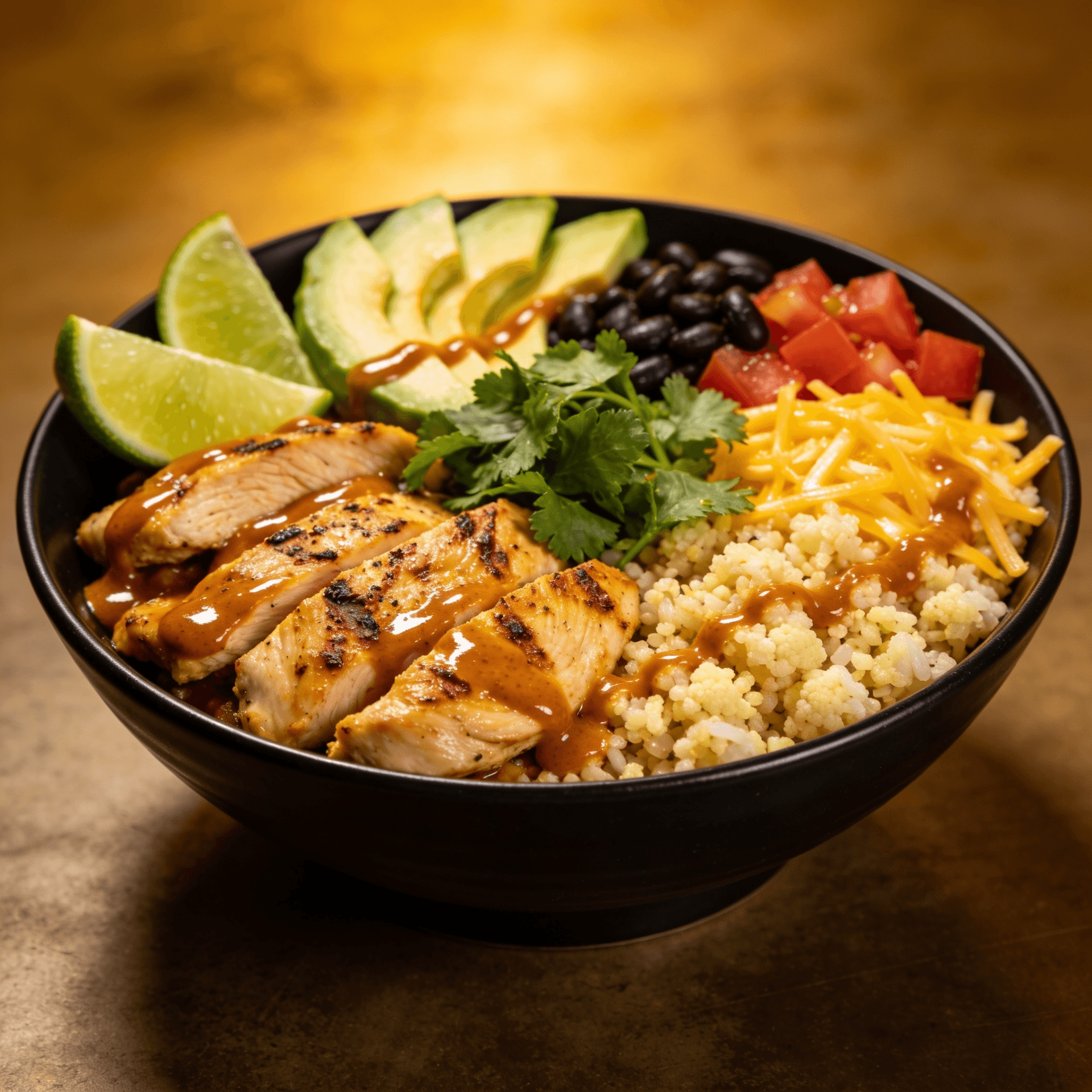 Front view of a high-protein chicken enchilada bowl with grilled chicken, cauliflower rice, avocado, black beans, and enchilada sauce
