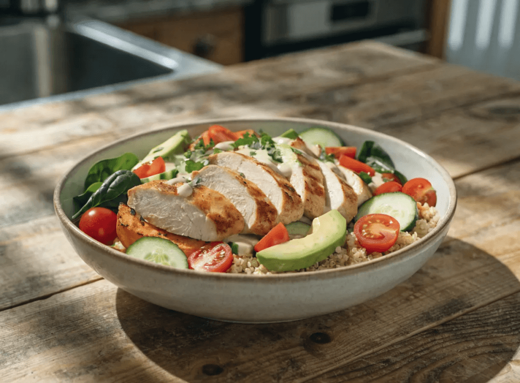 Chicken quinoa power bowl with sliced grilled chicken breast, fluffy quinoa, avocado, cucumbers, cherry tomatoes, leafy greens, and creamy dressing in a healthy high protein meal prep bowl.