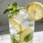 Close-up front view of Coconut Water Lemon Mint Cooler with fresh mint leaves, lemon slices, crushed ice, and chilled coconut water in a refreshing summer drink.