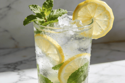 Close-up front view of Coconut Water Lemon Mint Cooler with fresh mint leaves, lemon slices, crushed ice, and chilled coconut water in a refreshing summer drink.