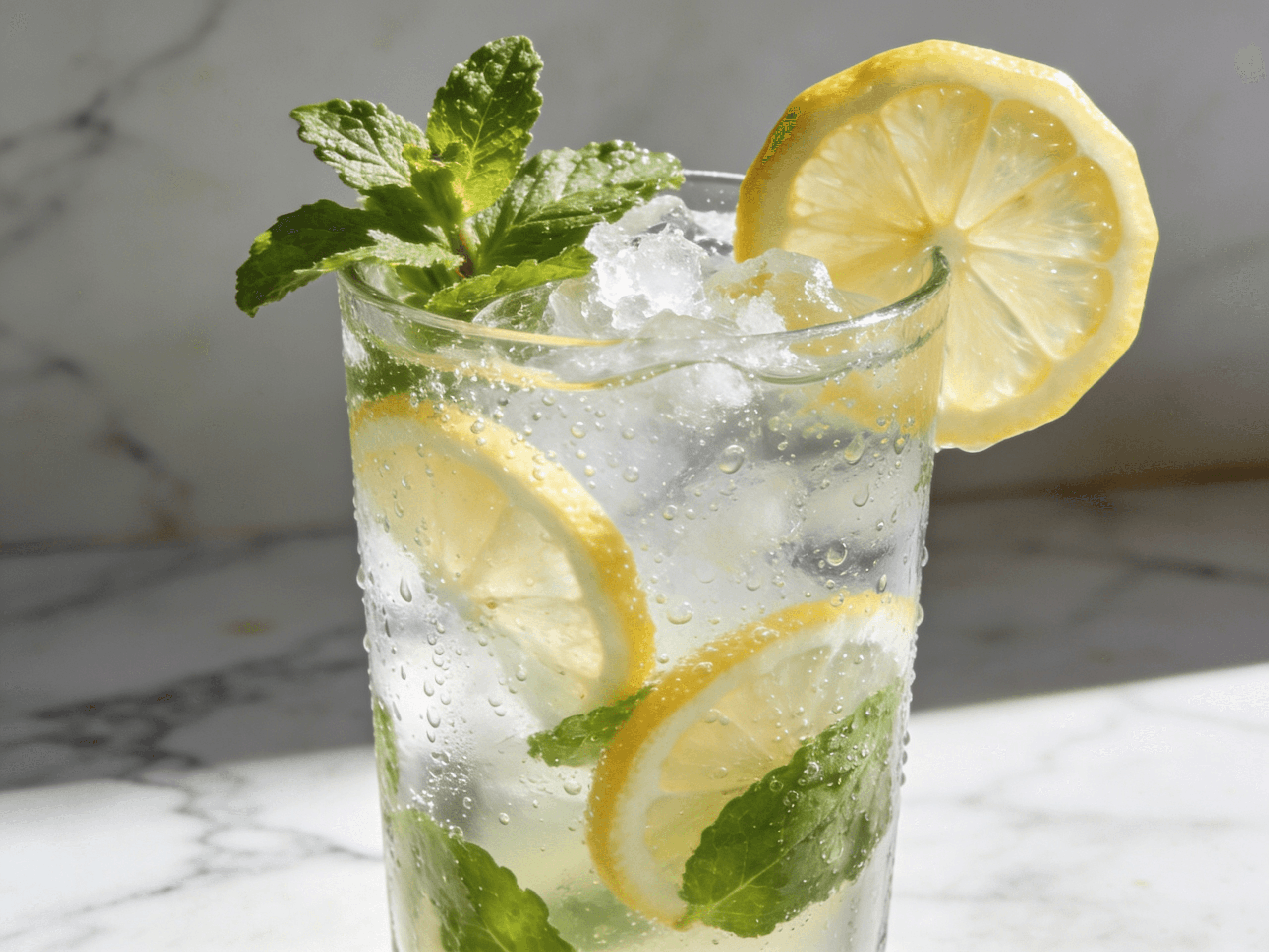 Close-up front view of Coconut Water Lemon Mint Cooler with fresh mint leaves, lemon slices, crushed ice, and chilled coconut water in a refreshing summer drink.