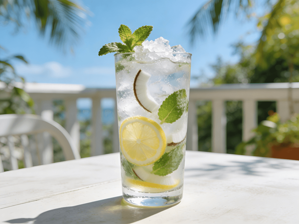 Zoomed-out front view of Coconut Water Lemon Mint Cooler served with mint leaves, lemon slices, crushed ice, and tropical summer drink styling.