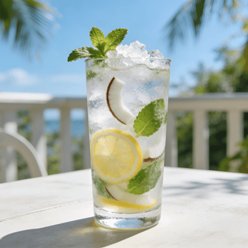 Zoomed-out front view of Coconut Water Lemon Mint Cooler served with mint leaves, lemon slices, crushed ice, and tropical summer drink styling.