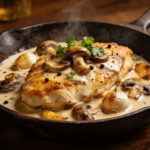 Creamy garlic mushroom chicken skillet with juicy pan-seared chicken breasts in rich parmesan cream sauce and sautéed mushrooms