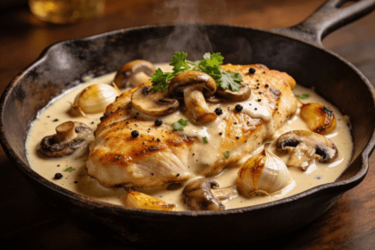 Creamy garlic mushroom chicken skillet with juicy pan-seared chicken breasts in rich parmesan cream sauce and sautéed mushrooms