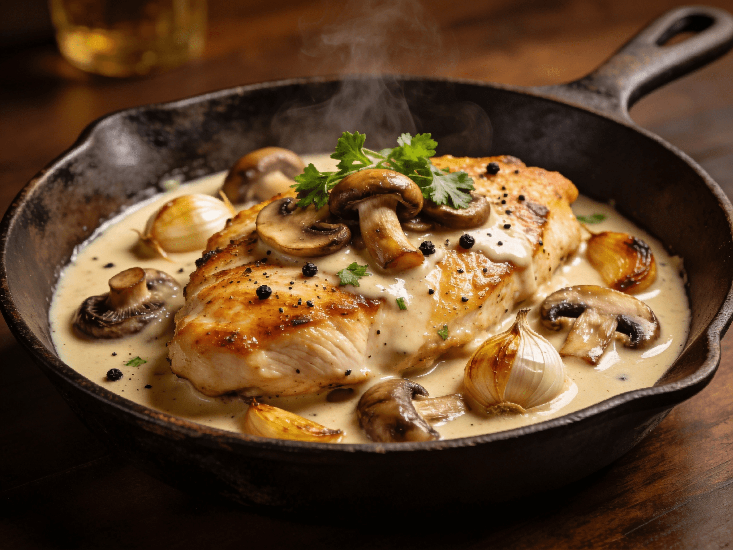 Creamy garlic mushroom chicken skillet with juicy pan-seared chicken breasts in rich parmesan cream sauce and sautéed mushrooms