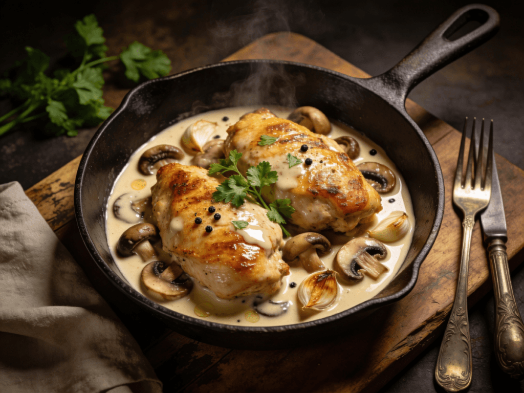 Top view of creamy garlic mushroom chicken with parmesan sauce and herbs in a cast iron skillet