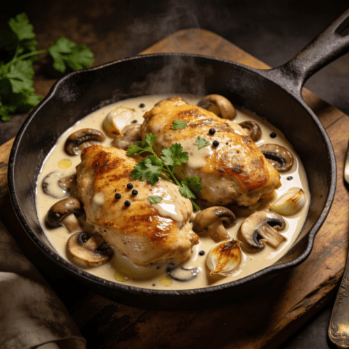 Top view of creamy garlic mushroom chicken with parmesan sauce and herbs in a cast iron skillet