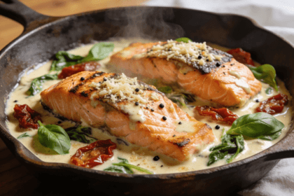 Creamy Tuscan salmon with garlic parmesan sauce, spinach, and sun-dried tomatoes in a cast iron skillet
