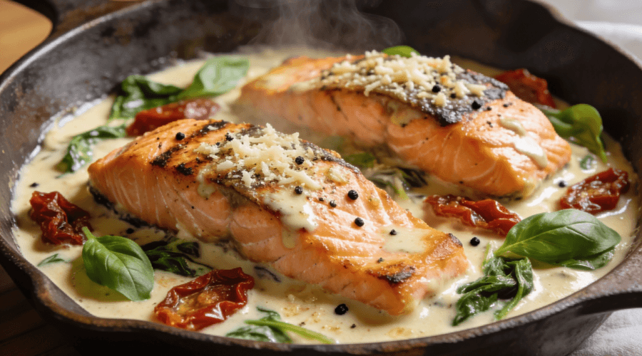 Creamy Tuscan salmon with garlic parmesan sauce, spinach, and sun-dried tomatoes in a cast iron skillet