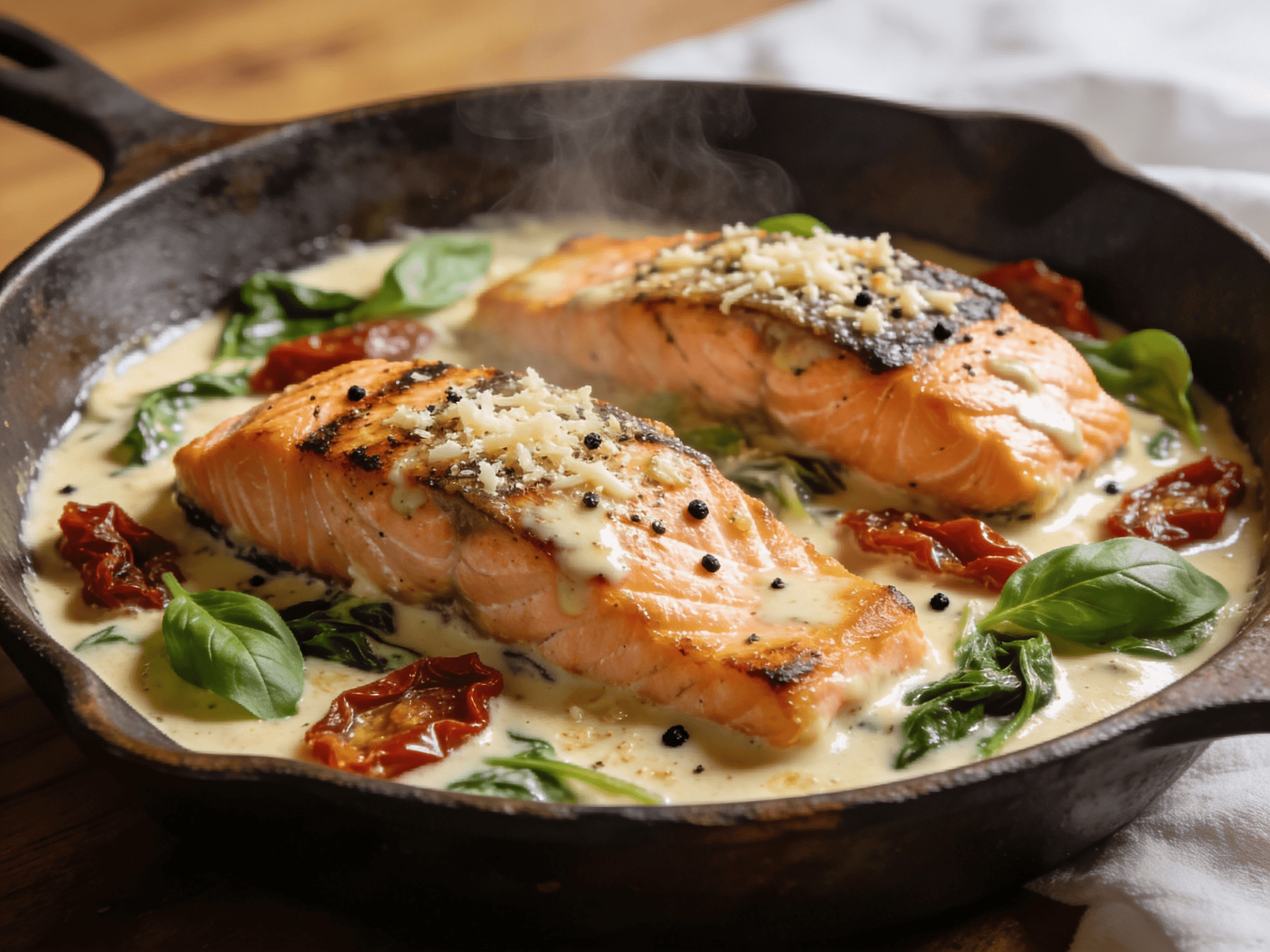 Creamy Tuscan salmon with garlic parmesan sauce, spinach, and sun-dried tomatoes in a cast iron skillet