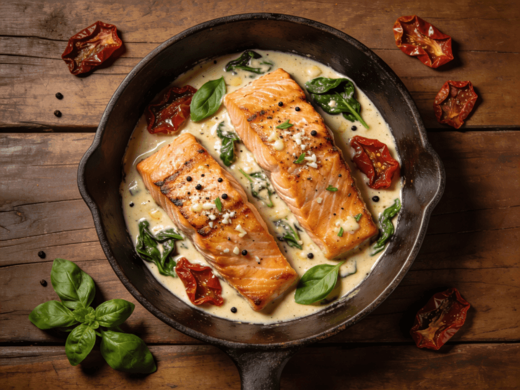 Top view of creamy Tuscan salmon with spinach and sun-dried tomatoes in parmesan cream sauce