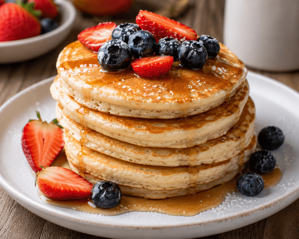 Fluffy protein pancakes stacked with fresh berries, syrup, and wholesome toppings for a high-protein healthy breakfast.