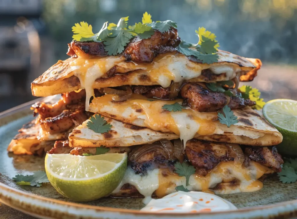 Front-view plated BBQ chicken quesadillas with melted cheese, smoky grilled tortillas, cilantro garnish, and dipping sauce.