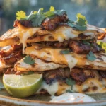 Front-view plated BBQ chicken quesadillas with melted cheese, smoky grilled tortillas, cilantro garnish, and dipping sauce.