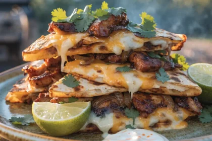 Front-view plated BBQ chicken quesadillas with melted cheese, smoky grilled tortillas, cilantro garnish, and dipping sauce.