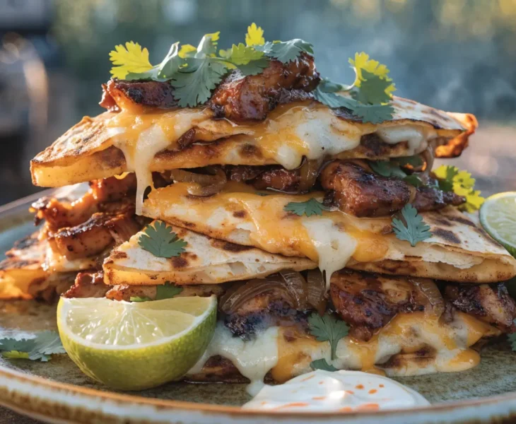 Front-view plated BBQ chicken quesadillas with melted cheese, smoky grilled tortillas, cilantro garnish, and dipping sauce.