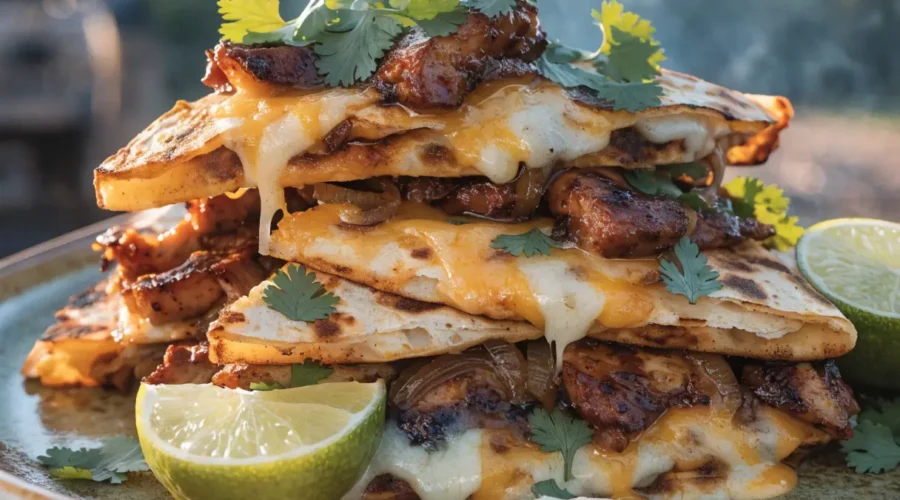 Front-view plated BBQ chicken quesadillas with melted cheese, smoky grilled tortillas, cilantro garnish, and dipping sauce.