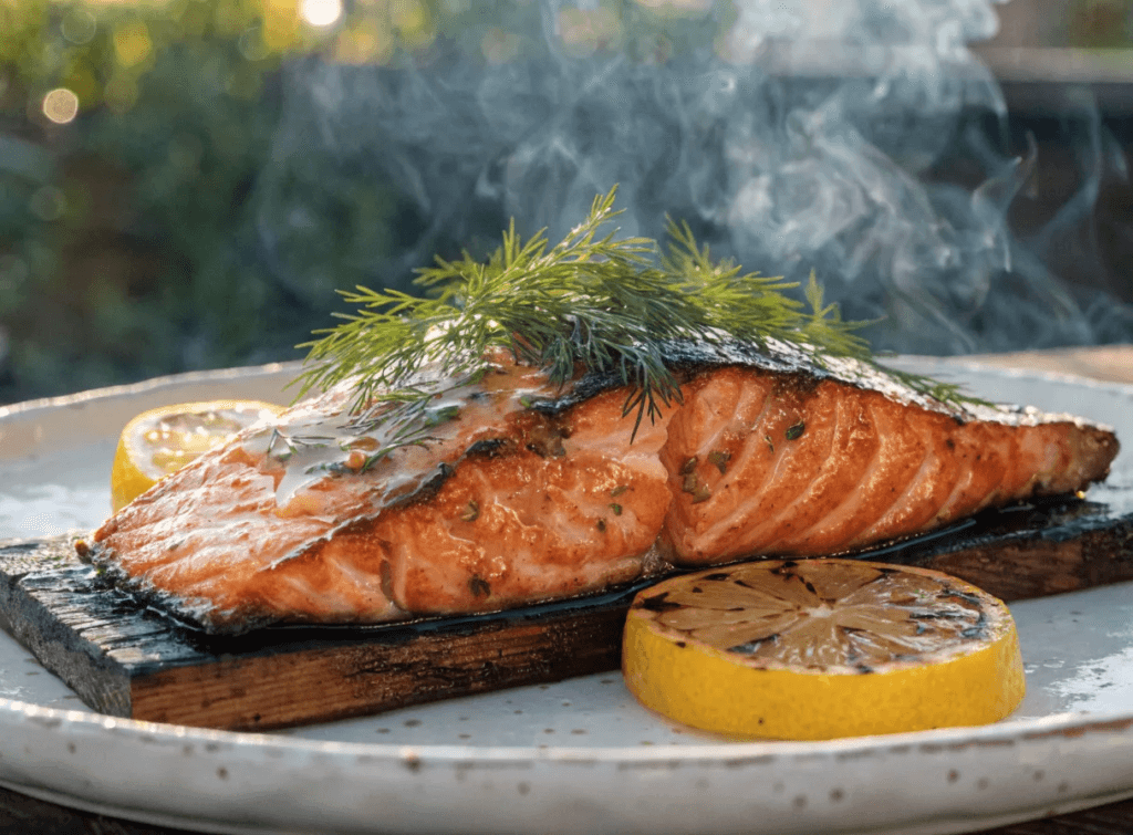Front-view plated cedar plank grilled salmon with fresh dill, grilled lemon, smoky glaze, and rustic white serving plate.