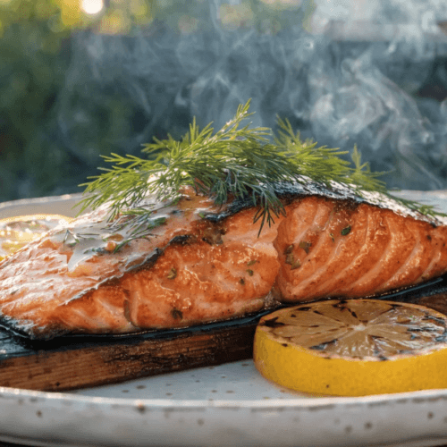 Front-view plated cedar plank grilled salmon with fresh dill, grilled lemon, smoky glaze, and rustic white serving plate.
