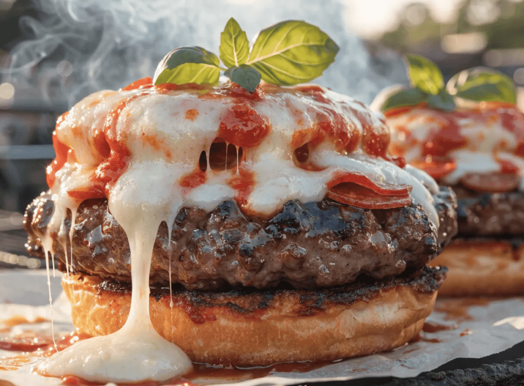 Close-up grilled pizza burger with melted mozzarella pull, pepperoni slices, juicy beef patty, and toasted bun at a backyard barbecue.