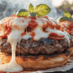 Close-up grilled pizza burger with melted mozzarella pull, pepperoni slices, juicy beef patty, and toasted bun at a backyard barbecue.