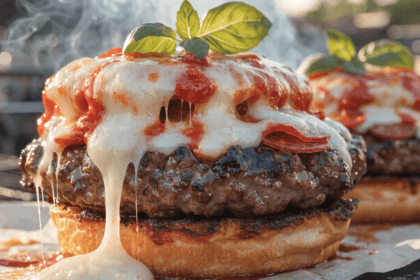 Close-up grilled pizza burger with melted mozzarella pull, pepperoni slices, juicy beef patty, and toasted bun at a backyard barbecue.