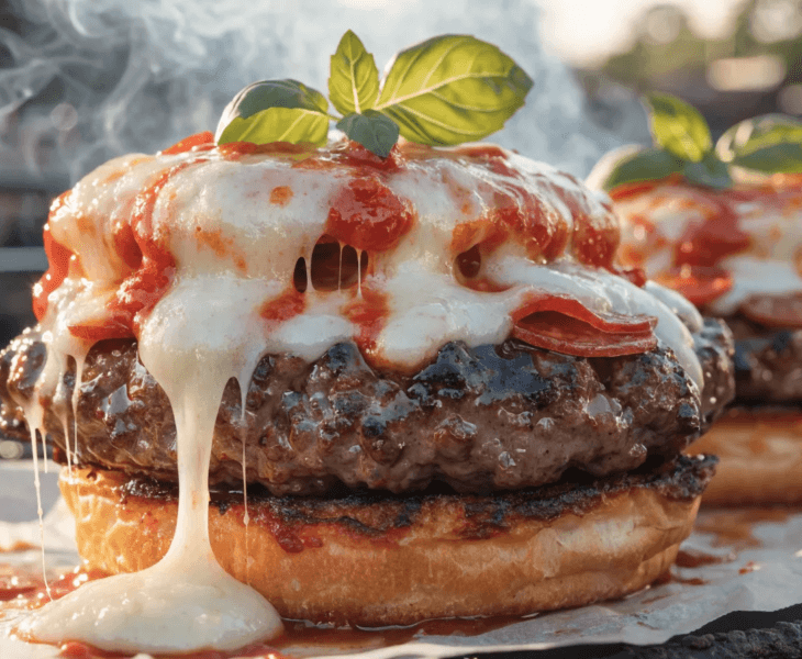 Close-up grilled pizza burger with melted mozzarella pull, pepperoni slices, juicy beef patty, and toasted bun at a backyard barbecue.