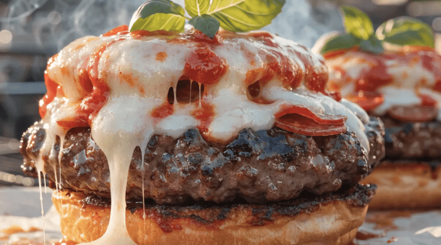 Close-up grilled pizza burger with melted mozzarella pull, pepperoni slices, juicy beef patty, and toasted bun at a backyard barbecue.