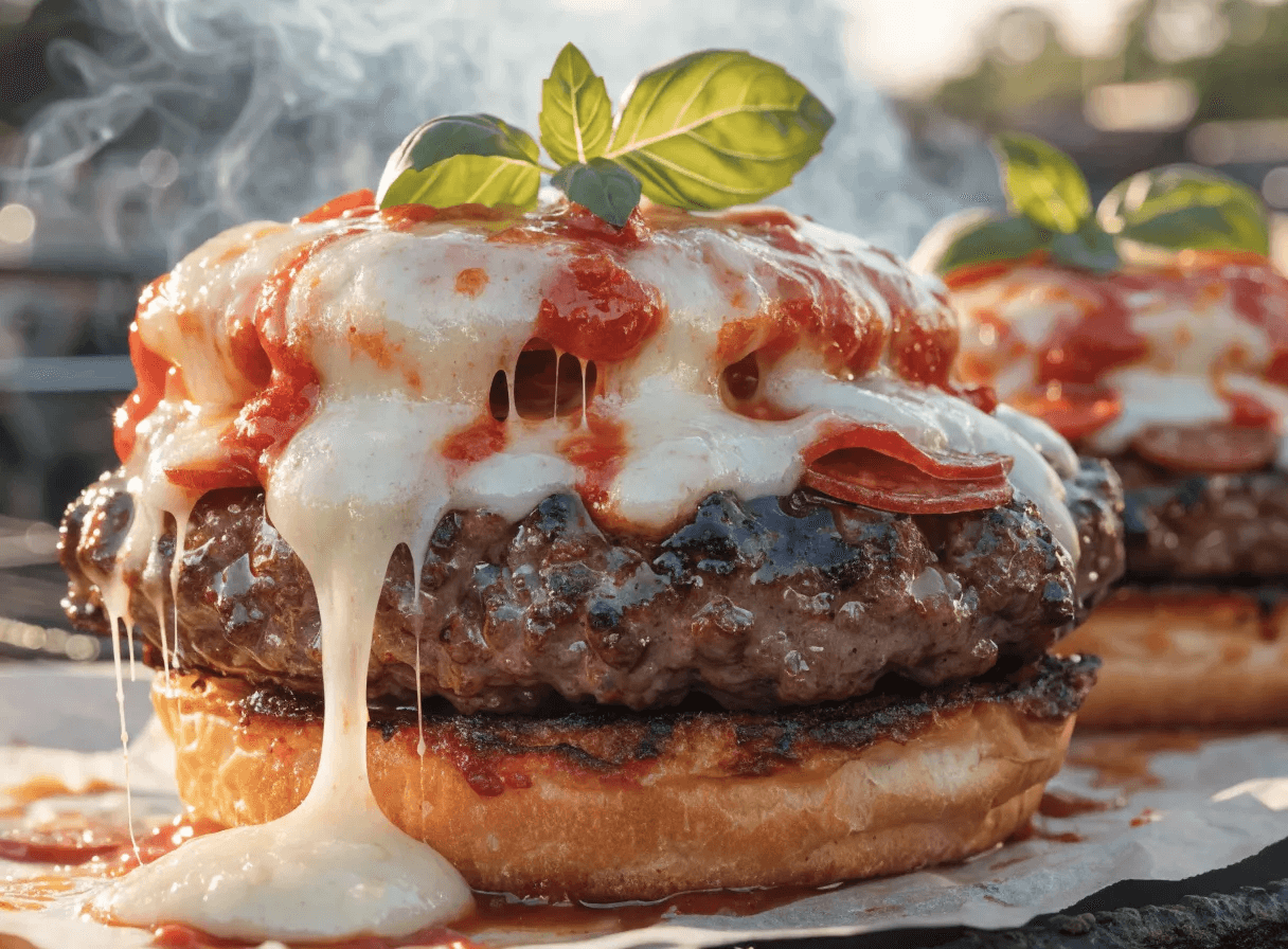 Close-up grilled pizza burger with melted mozzarella pull, pepperoni slices, juicy beef patty, and toasted bun at a backyard barbecue.